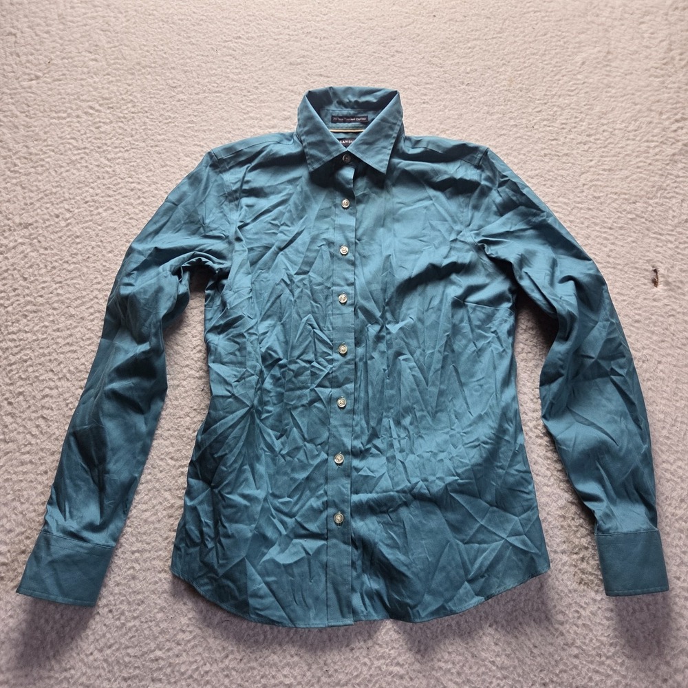 Lands' End Button Up Shirt Womens 2 Blue No Iron Pinpoint Oxford Long Sleeve